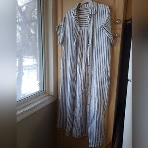 100% Linen Made In Italy Elegant Striped Maxi Dress Button ,pockets